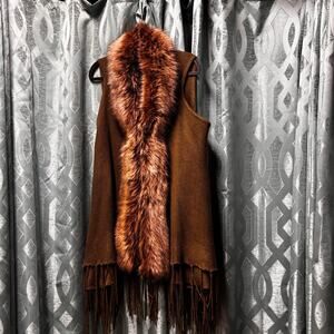 Tassel Fringe Long Olive Green Vest Faux Fur brown Trim Detail